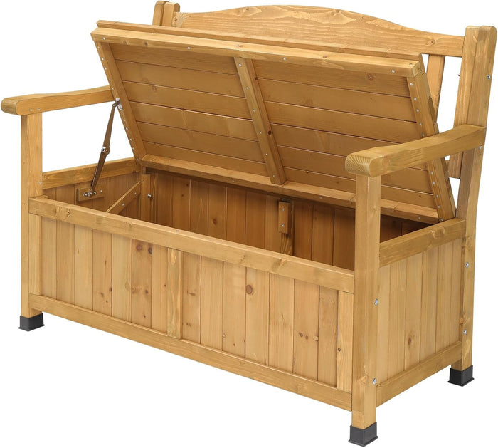 Outdoor Wooden Storage Bench, Large Deck Box with Seating & Armrest, Patio Organizer Loveseat for Garden Porch Backyard Poolside, Fir Wood