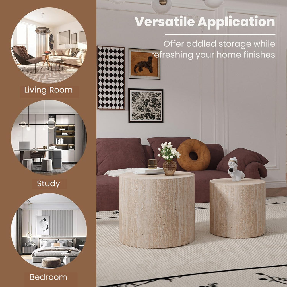 WXFKLDJ Round Nesting Coffee Table Set of 2, Wood Side Table, Travertine | Mo...