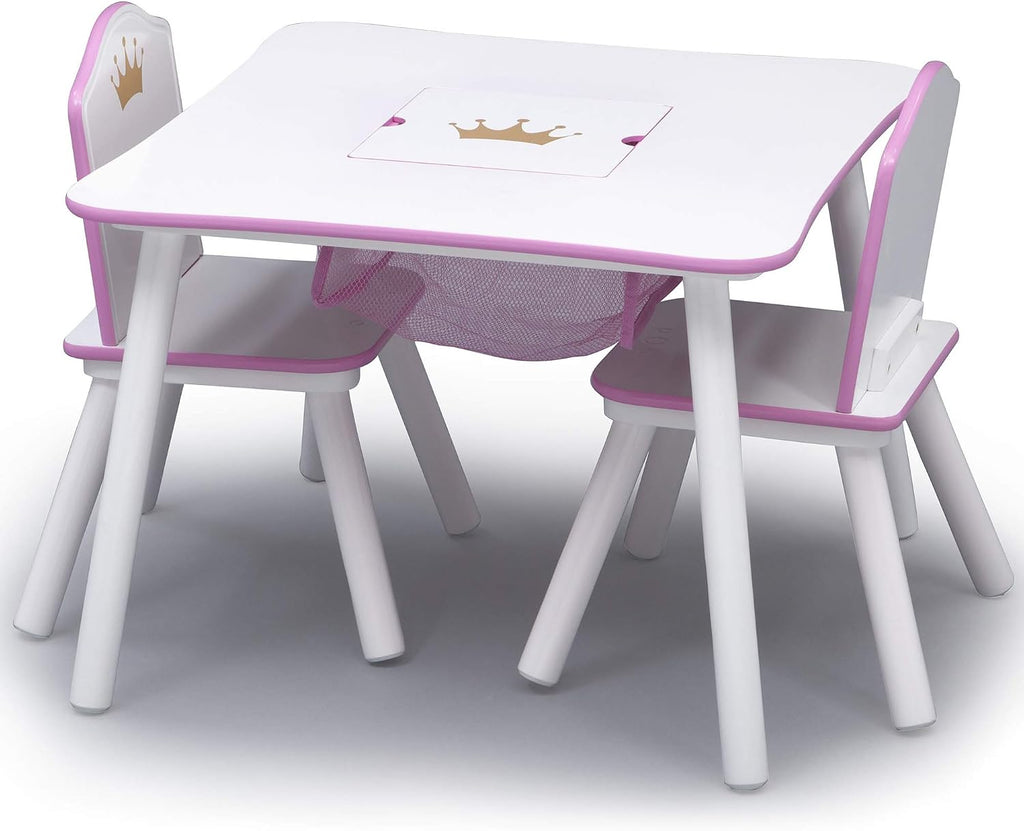Delta Children Princess Crown Kids Wood Table and Chair Set with Storage - Greenguard Gold Certified, White/Pink