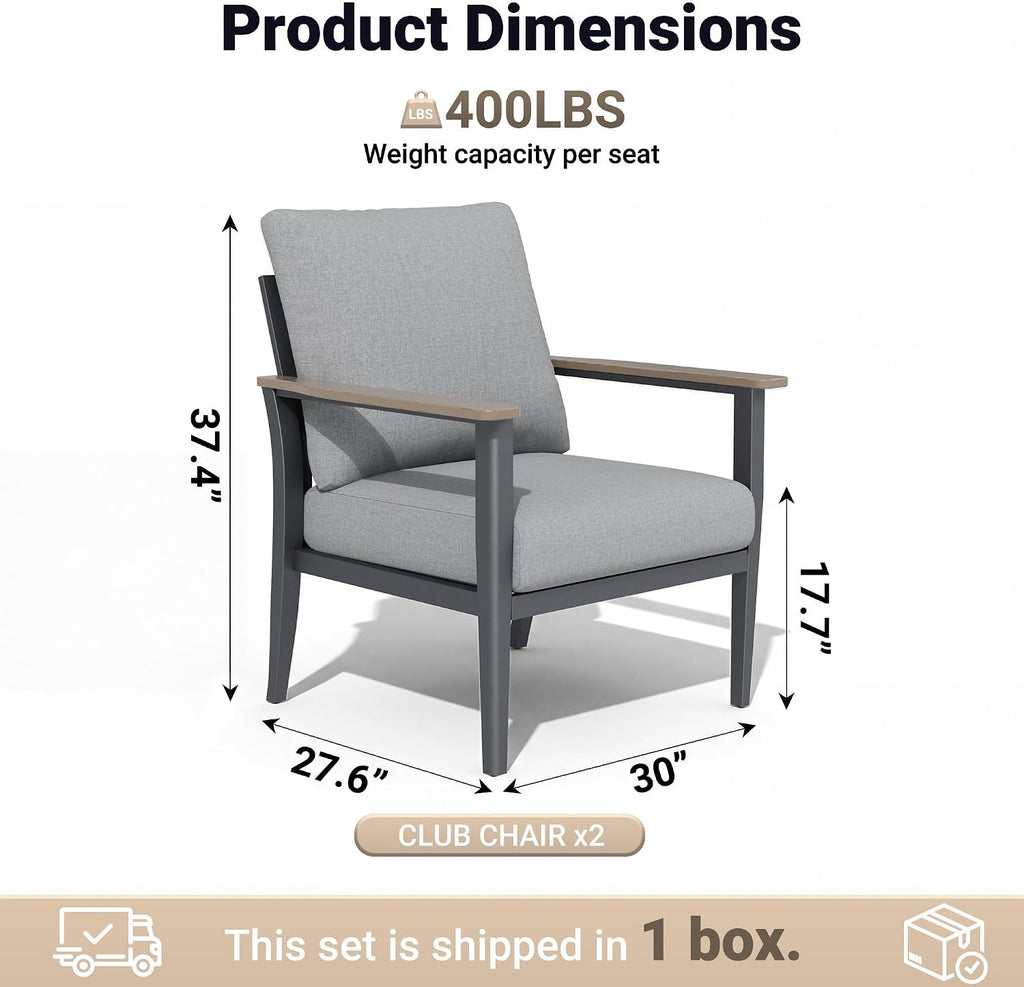 Aluminum Outdoor Patio Chair Set with 5.1-Inch Thick Cushions | 2-Piece: 2 Wood-Look Armrest Club Chairs for Porch, Deck & Balcony, Gray