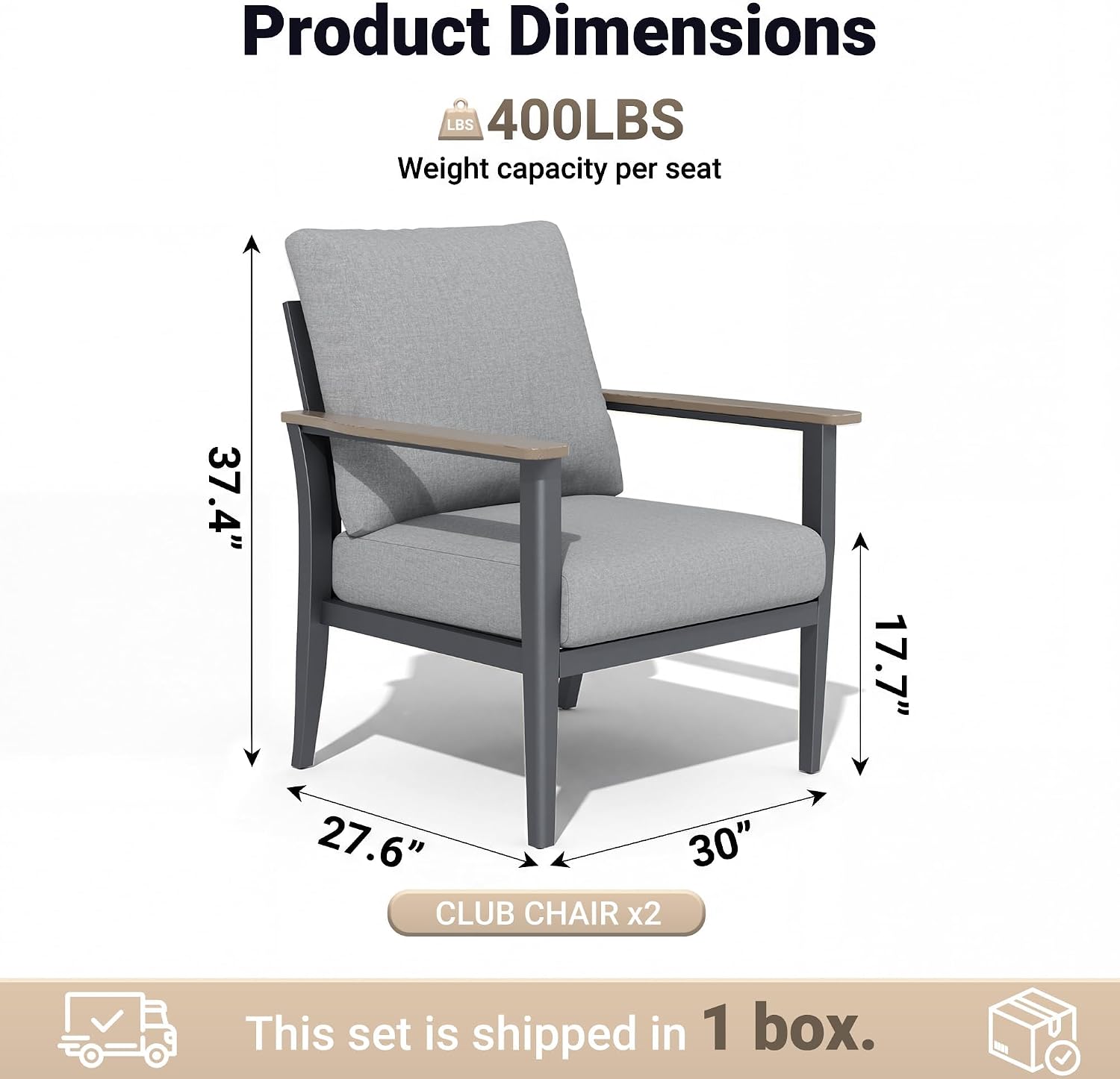 Aluminum Outdoor Patio Chair Set with 5.1-Inch Thick Cushions | 2-Piece: 2 Wood-Look Armrest Club Chairs for Porch, Deck & Balcony, Gray