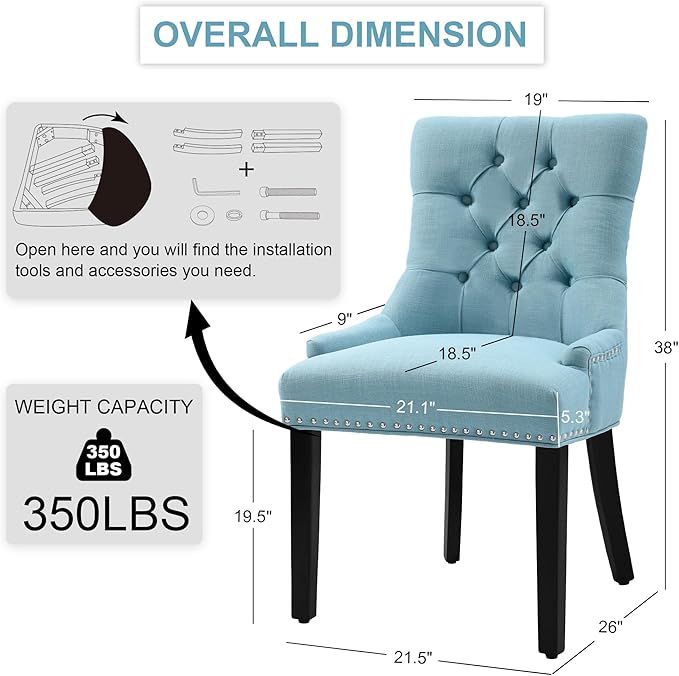 Modern Leisure Linen Dining Chairs Set of 6, Upholstered Dining Chair with Solid Wood Legs, Mid-Century Dining Room Chairs with Pull Ring and Tufted Backrest, Light Blue
