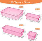 25 PCS Plastic Drawer Organizer Set, 4-Size Versatile Organizer Trays & storage Bins for Makeup, Jewelry, and Gadgets in Bathroom, Bedroom and Office, Clear Pink