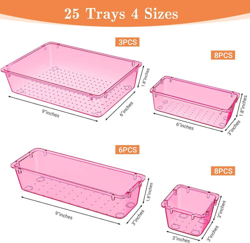 25 PCS Plastic Drawer Organizer Set, 4-Size Versatile Organizer Trays & storage Bins for Makeup, Jewelry, and Gadgets in Bathroom, Bedroom and Office, Clear Pink