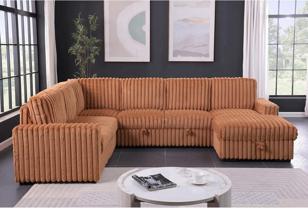 122'' Convertible U-Shaped Faux Rabbit Fur Plush Sectional Sleeper So...