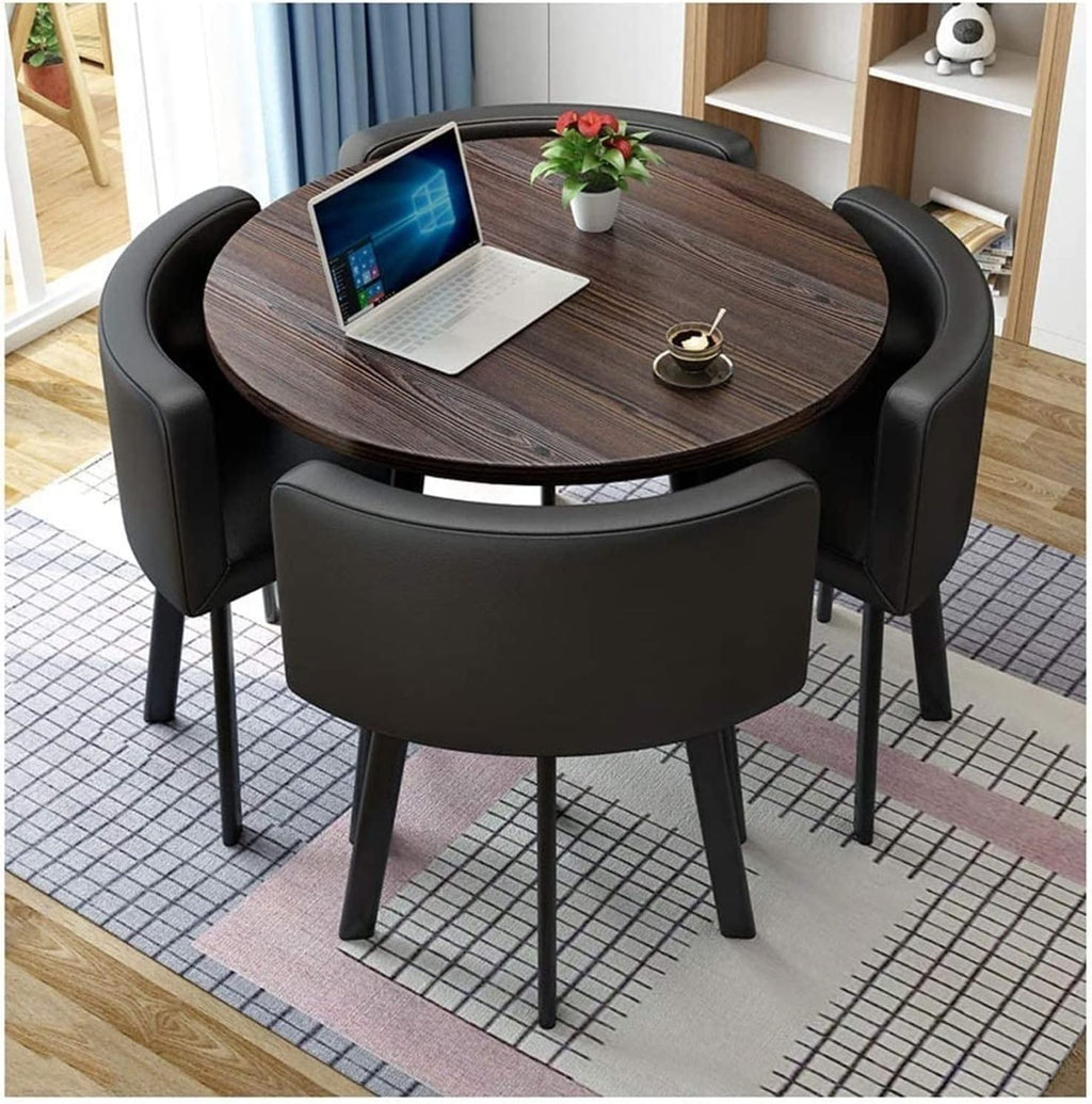 Office Conference Room Coffee Table w/ 4 Chair, Space-Saving Furniture, Small Meeting Room Table, Office Reception Round Table Simple Kitchen Dining Table Set 1 Table 4 Chairs ( Color : Black Leather
