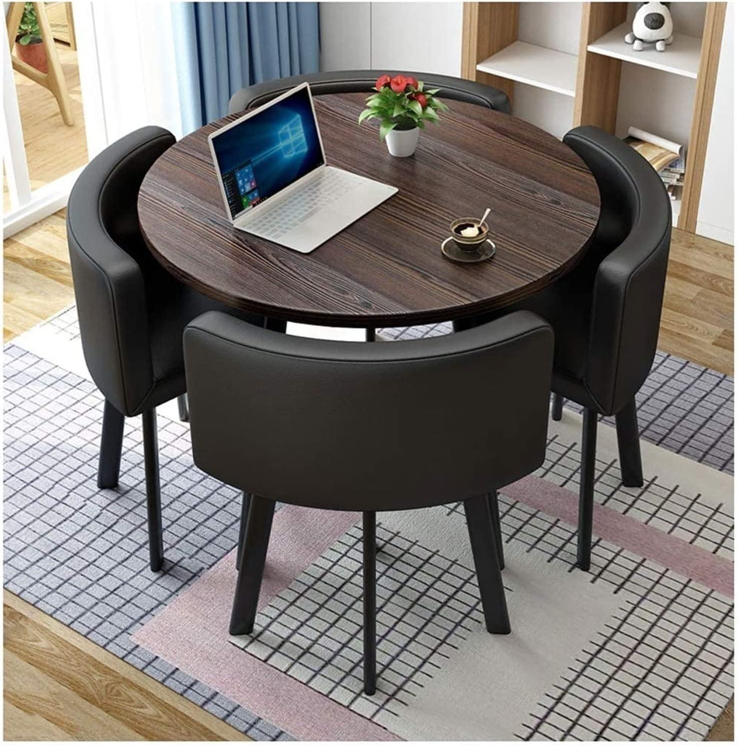 Office Conference Room Coffee Table w/ 4 Chair, Space-Saving Furniture, Small Meeting Room Table, Office Reception Round Table Simple Kitchen Dining Table Set 1 Table 4 Chairs ( Color : Black Leather