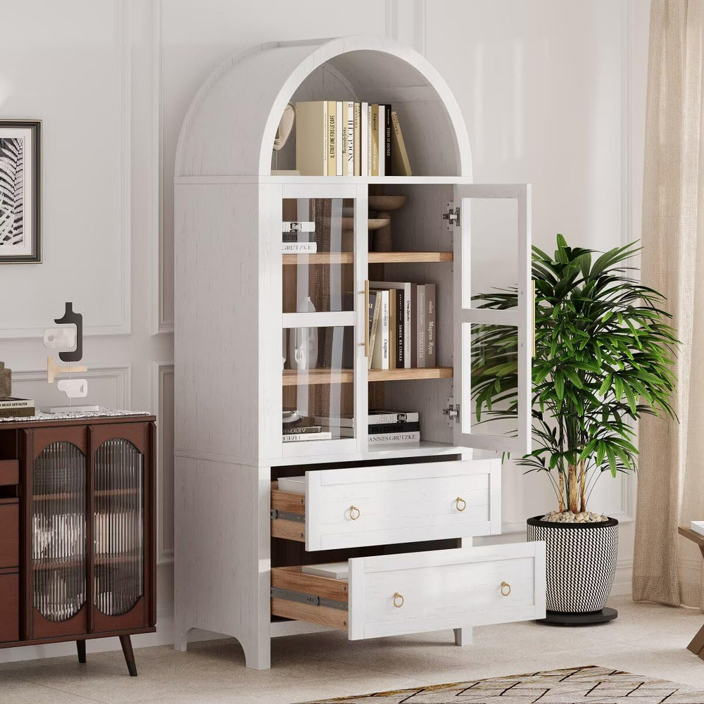 71" Tall Arched Kitchen Pantry Cabinet with 2 Large Drawers, Modern Farm...