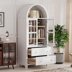 71" Tall Arched Kitchen Pantry Cabinet with 2 Large Drawers, Modern Farmhouse Kitchen Storage Cabinets with Adjustable Shelves, Glass Door, Wood Versatile Cupboard for Kitchens, Dining Room, White