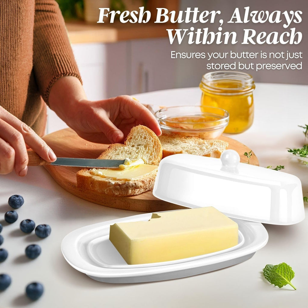 Flexzion Ceramic White European Butter Dish with Lid for Countertop (7 Inch) - 1 Stick Butter Holder for Counter, Cream Cheese Container Storage Keeper