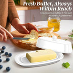 Flexzion Ceramic White European Butter Dish with Lid for Countertop (7 Inch) - 1 Stick Butter Holder for Counter, Cream Cheese Container Storage Keeper