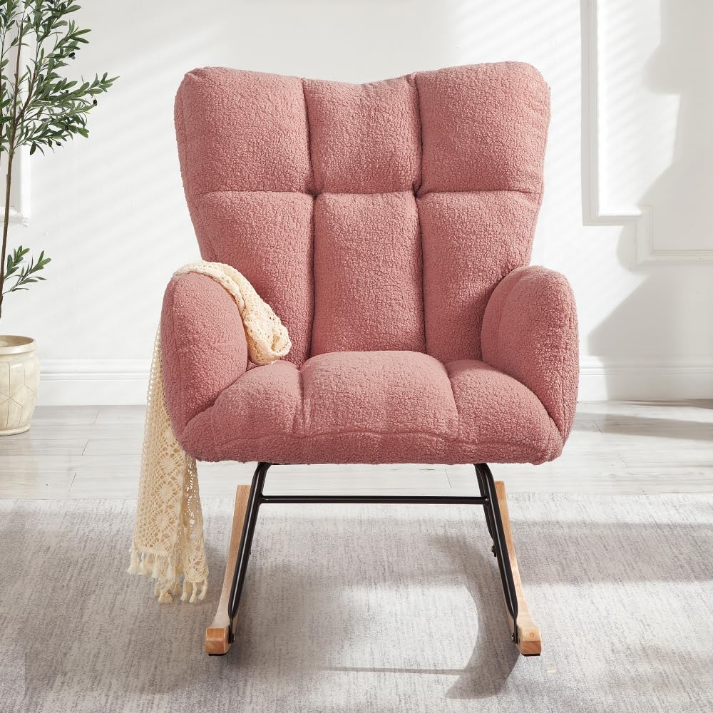 Tufted Upholstered Teddy Fabric Glider Rocking Chair with Metal Frame, Ergono...