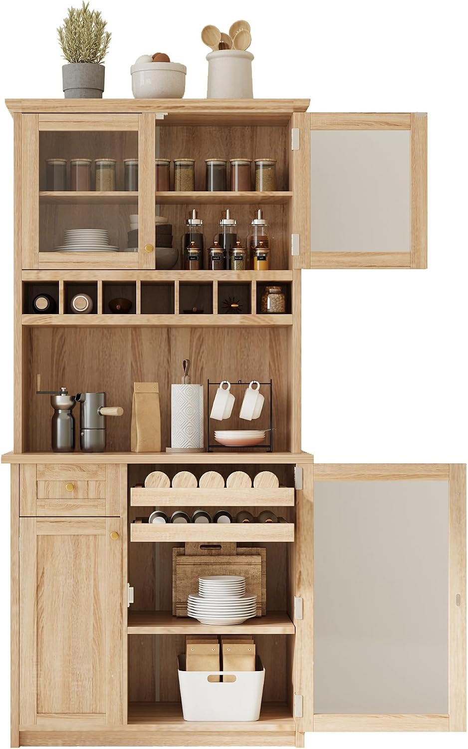 Farmhouse Tall Kitchen Pantry Storage Cabinet with Hunch, Freestanding Buffet Cabinet with Wine Rack and Adjustable Shelves for Kitchen, Dining Room (Natural)