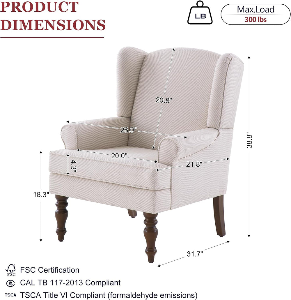 HUIMO Printed Wingback Accent Chair, Linen Upholstered High Back Armchair, Co...