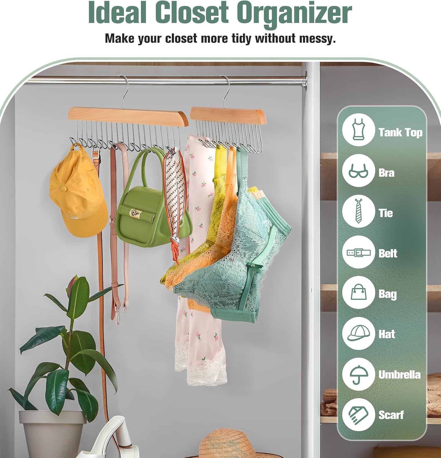 2 Pack Bra Hangers for Closet Organizer Upgraded Non-Slip Bra Organizer for Closet Tank Top Hanger Multi Hangers Space Saving with 20 Hooks for Belt, Tie, Tank Top, Necklaces