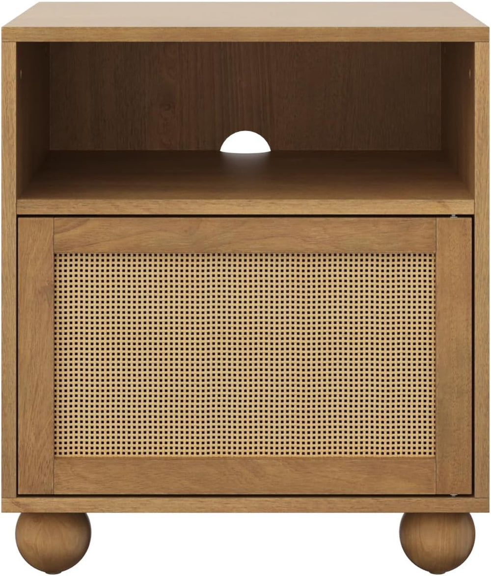 Nathan James Franco Faux Rattan Side Table Nightstand with Storage, Rustic Be...