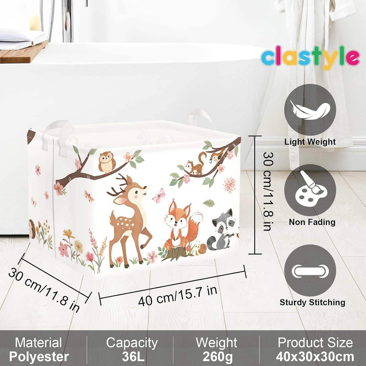 Clasty Animal Flower Kid Storage Basket Foldable Laundry Hamper, 36L Fox | Rectangle Clothes Book Gift Toy Organizer Bin, Playroom Bedroom Bathroom, Deer Raccoon, Girl Woodland Nursery Decor Basket