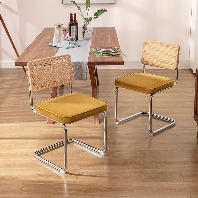 Zesthouse Rattan Dining Chairs Set of 6, Mid Century Modern Dining Room Chairs with Natural Cane Mesh & Chrome Base, Yellow Velvet Cesca Chair, Farmhouse Kitchen Chair with Solid Wood Frame Back