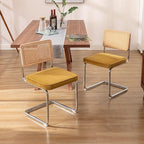 Zesthouse Dining Chairs Set of 4, Natural Rattan Accent Chairs with Solid Wood Back & Stainless Chrome Base, Mid Century Modern Breuer Design Inspired, Upholstered Velvet Kitchen Chairs, Yellow