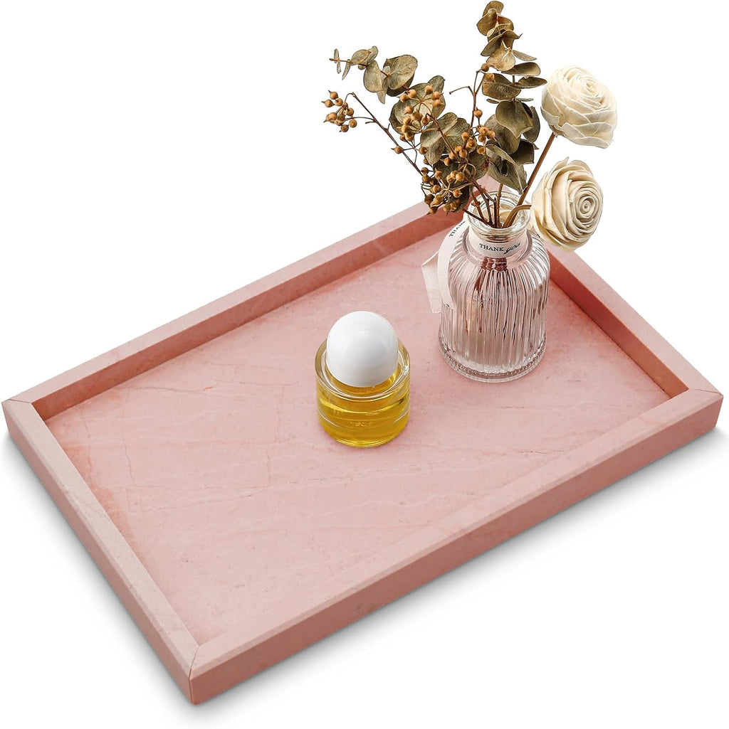 Real Natural Marble Tray for Bathroom, Vanity, Kitchen and Desktop, Rectangle Genuine Marble Stone Tray for Jewelry, Cosmetics, Candles, Lotion, Perfume and Home Decor