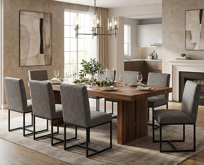 CIMOTA Modern Dining Chairs Set of 8, Leather Dining Room Chairs Upholstered Mid Century Armless Guest Side Chair with Black Base for Dining Room/Kitchen, Vintage Grey 8PCS