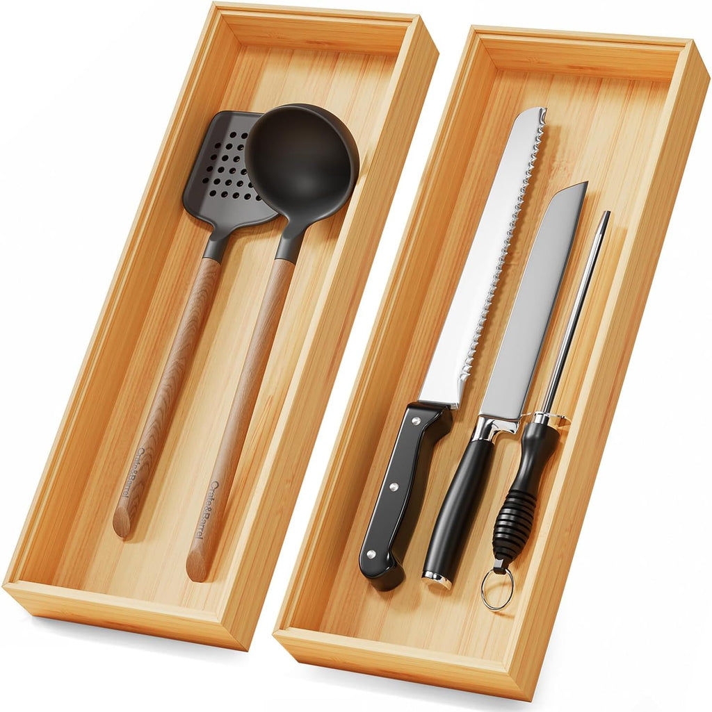 Long Bamboo Kitchen Drawer Organizer Boxes 17" x 6" Wood Pantry Organizers | Set of 2 Stackable Wooden Silverware Utensil Tray for Drawers Bins Cutlery & Flatware Storage for Junk Drawer Bathroom Rv