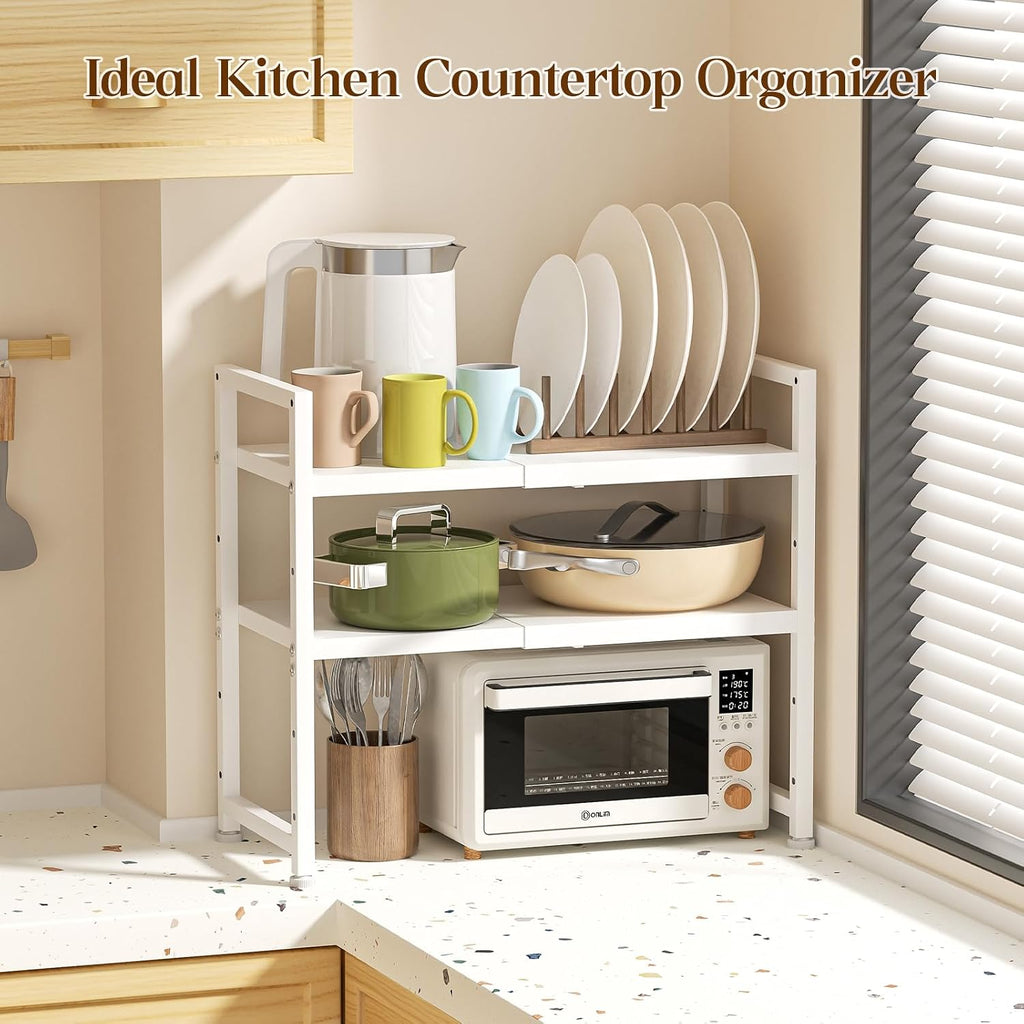 2-Tier Expandable Kitchen Storage Shelf,150LBS Heavy Duty Metal Shelving Units For Small Appliance,Adjustable Pots and Pans Organizer Rack Shelves For Kitchen Counter Under Cabinet Garage Pantry,White