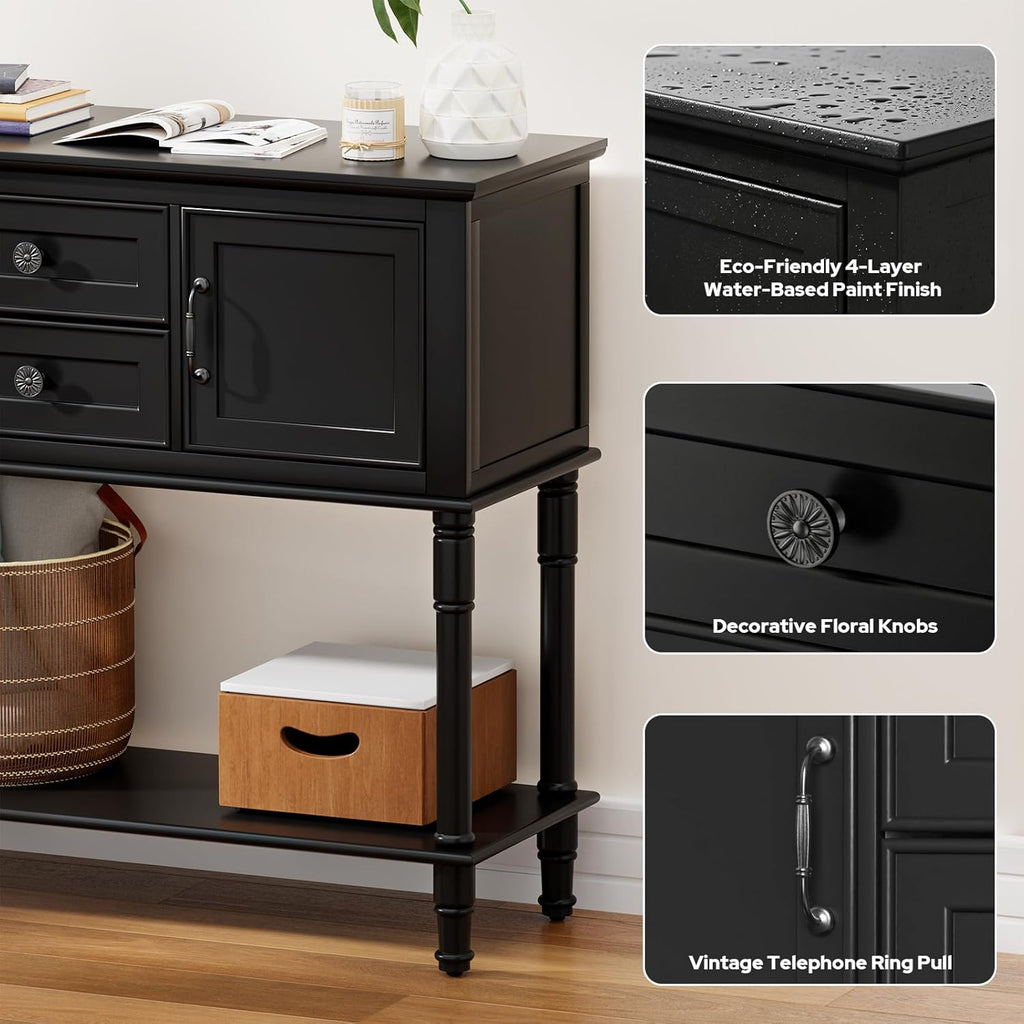 Console Table with 2 Soft-Close Cabinet Doors, Retro Narrow Entryway Table with 2 Drawers & Open Storage Shelf, 42" Long Behind Couch Sofa Table for Living Room, Foyer, Hallway, Coffee Bar (Black)