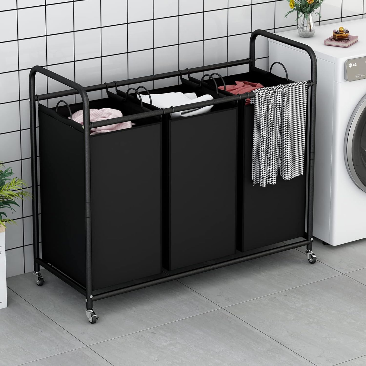 LINZINAR 3-Bag Laundry Basket Hamper Laundry Sorter Cart laundry room organization with Heavy Duty Rolling Lockable Wheels and Removable Bags (Black)