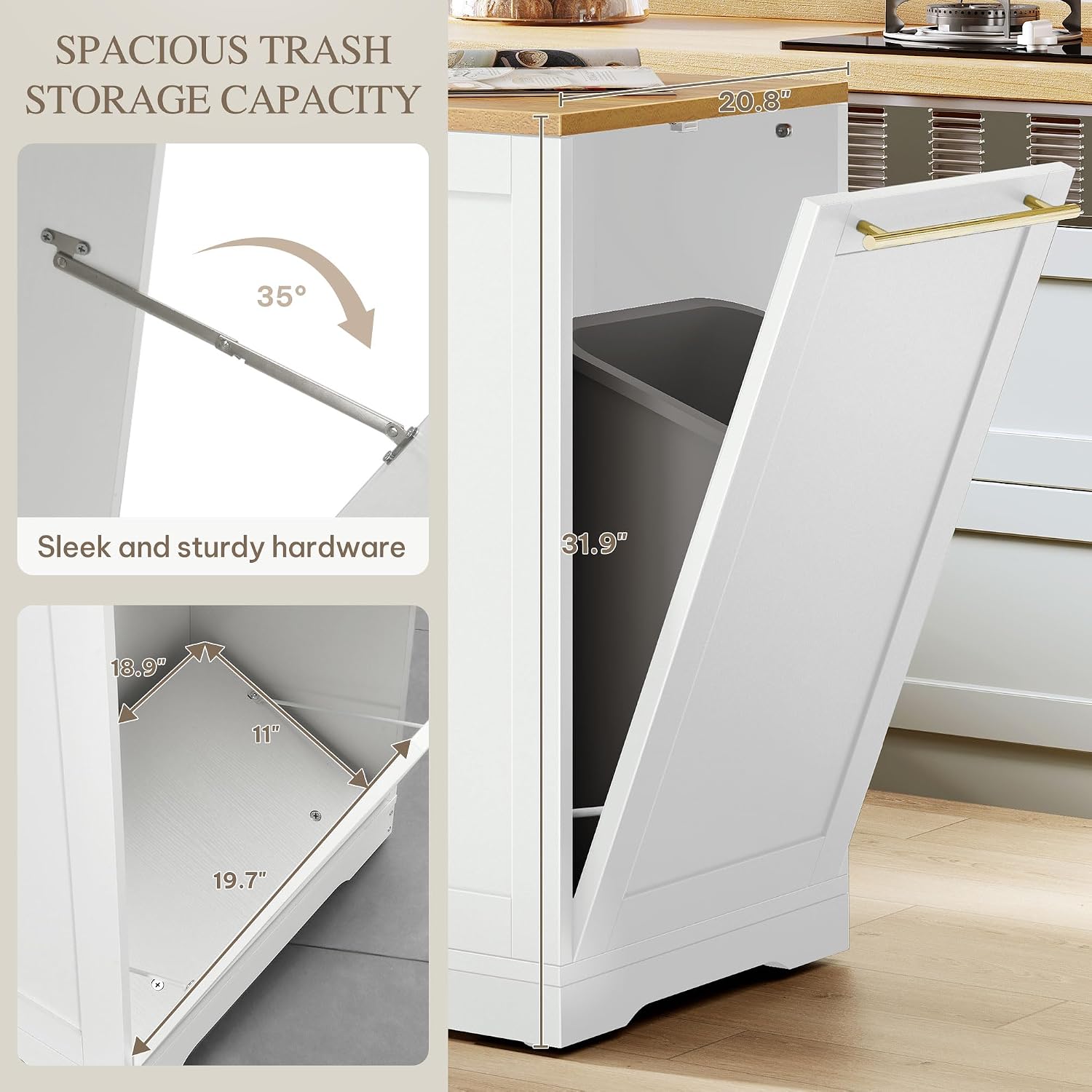 DWVO Large Kitchen Island with Trash Can Cabinet | 53 Inch Kitchen Island on Wheels, Rolling Island with Tilt‑Out Garbage Storage Fits 13 Gallon Bin