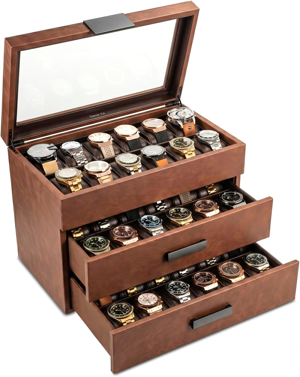 Glenor Co 36 Slot Watch Box for Men - Mens Watch Case w Large Glass Lid, Luxu...