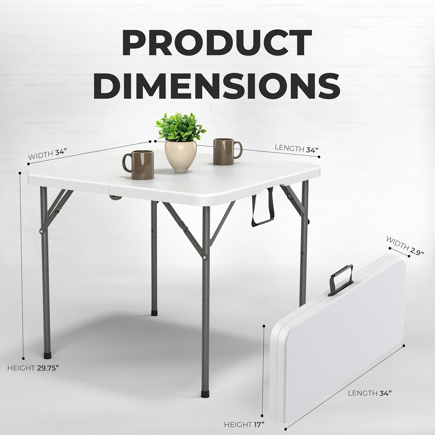 Our Modern Space 34" Square Foldable Table with Built in Handle & Steel Legs | Heavy Duty Portable | Perfect for Party, Dining, Wedding, Events, Picnic Indoor, Outdoor, Camping, Utility, Temporary