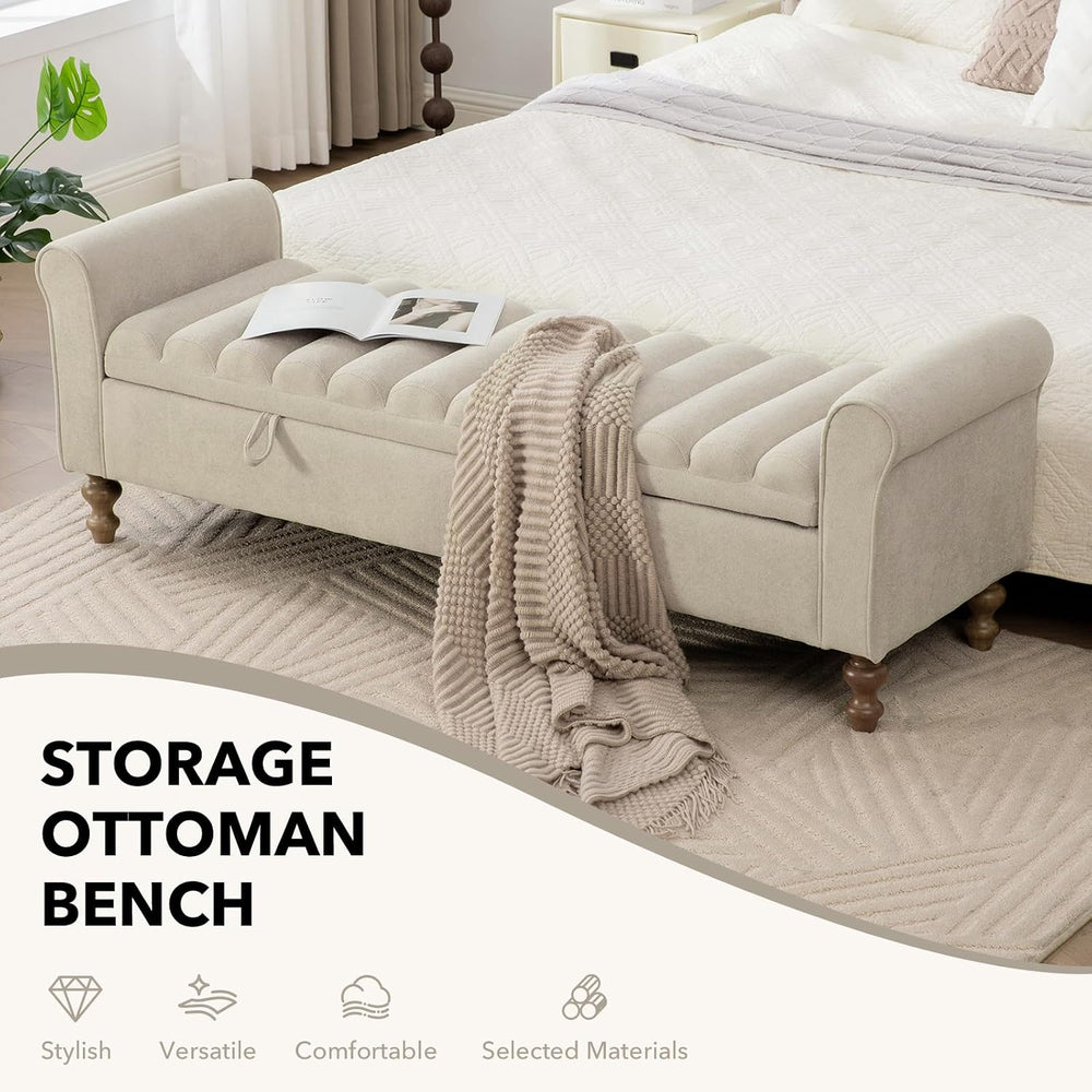 65" Oversize Storage Ottoman Bench, Fleece Upholstered End of Bed Benche...