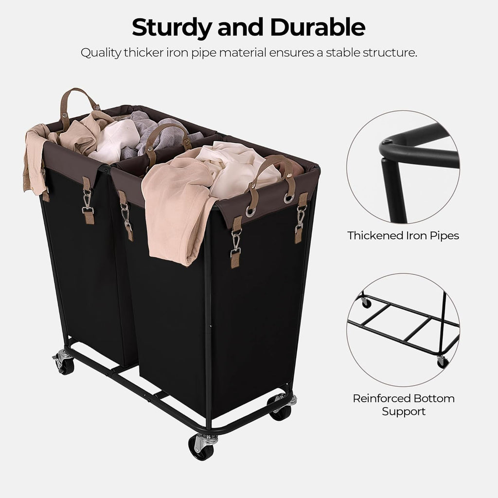 StorageWorks 280L Large Lanudry Hamper with Wheels, Laundry Basket with Wheels 2 Sections, Clothes Sorter Cart with Divider for Hotel, Home, Black, 1-Pack