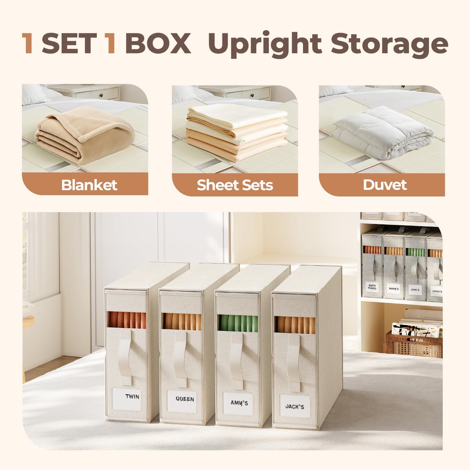 4Pack Linen Sheet Organizers and Storage - King/Queen Size Sheet Storage Organizer with Window, Foldable & Dustproof Sheet Organizer for Linen Closet for Summer Blankets & Sheet Sets,Off-white
