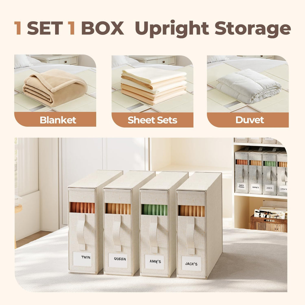 8Pack Linen Sheet Organizers for Linen Closet - King/Queen Size Bedding Storage Boxes with Clear Window | Foldable, Dustproof Sheet Storage Organizer for Blankets & Sheet Sets,Off-white