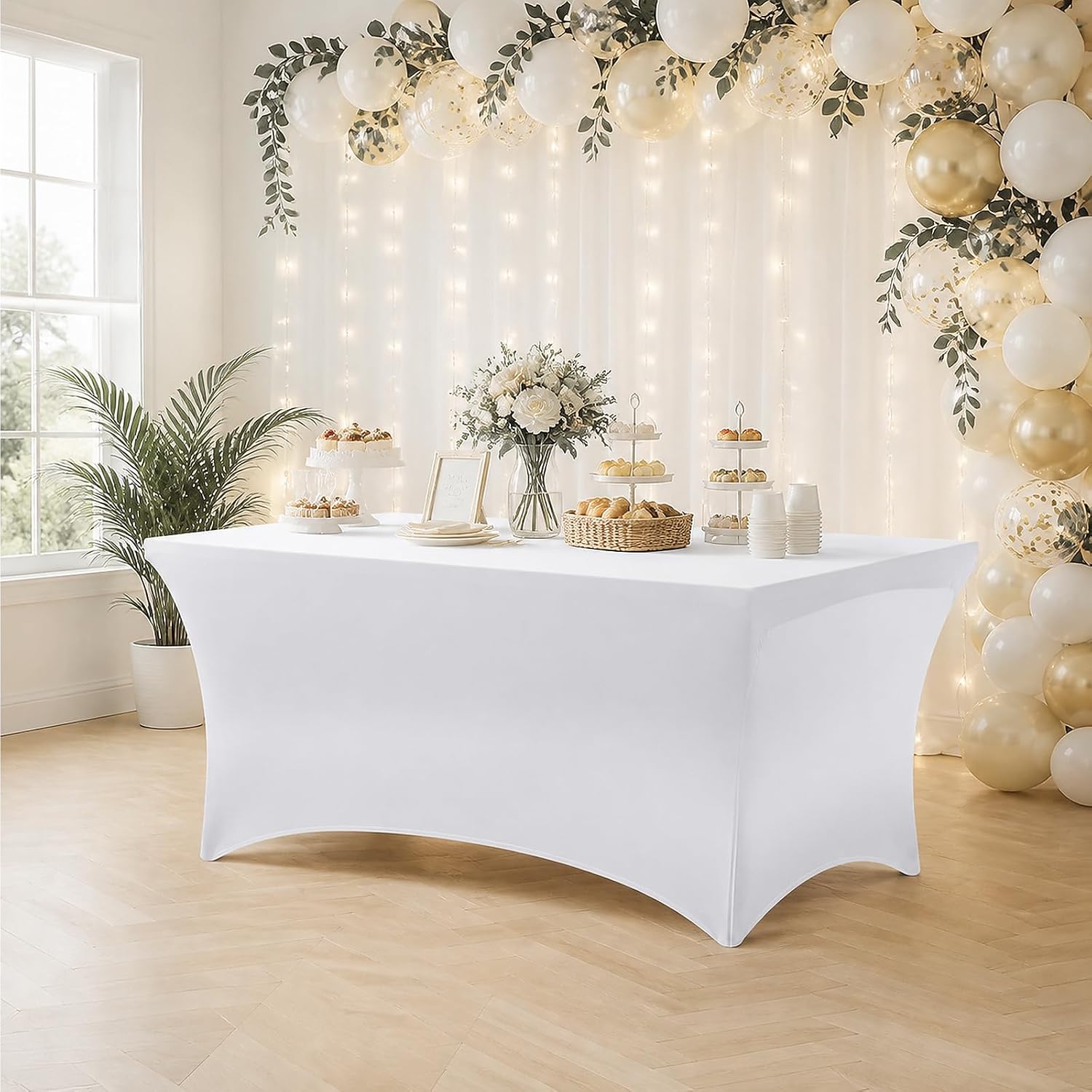 Gocamptoo 4FT Folding Table with Stretch Table Cover,Heavy Duty Plastic Portable Folding Table, 48" Indoor Outdoor Foldable Utility Table for Party, Picnic, BBQ, Buffet, Vendor Booth & Camping （White)