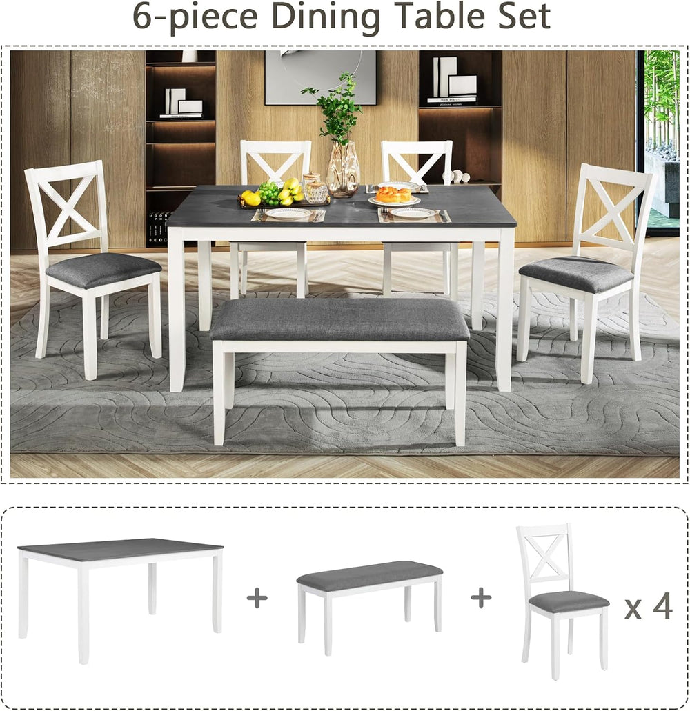 Merax 6-Piece Farmhouse Dining Table Set with Chairs and Bench, Wood Kitchen ...