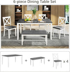 Ball & Cast 6 Piece Dining Table Set with 4 Upholstered Chairs & 1 Bench,Wooden Living Room Furniture for 6 W/ 58.5" Rectangle Kitchen Desk,for Dining Room,Home Bistro,Apartment,White+Gray