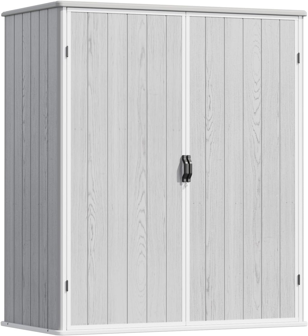 Devoko 5 x 3 Resin Outdoor Storage Shed with Floor - Waterproof Plastic Outdoor Tool Cabinet with Lockable Doors for Patio Furniture, Pool Accessories, Garden Tools (Light Gray)