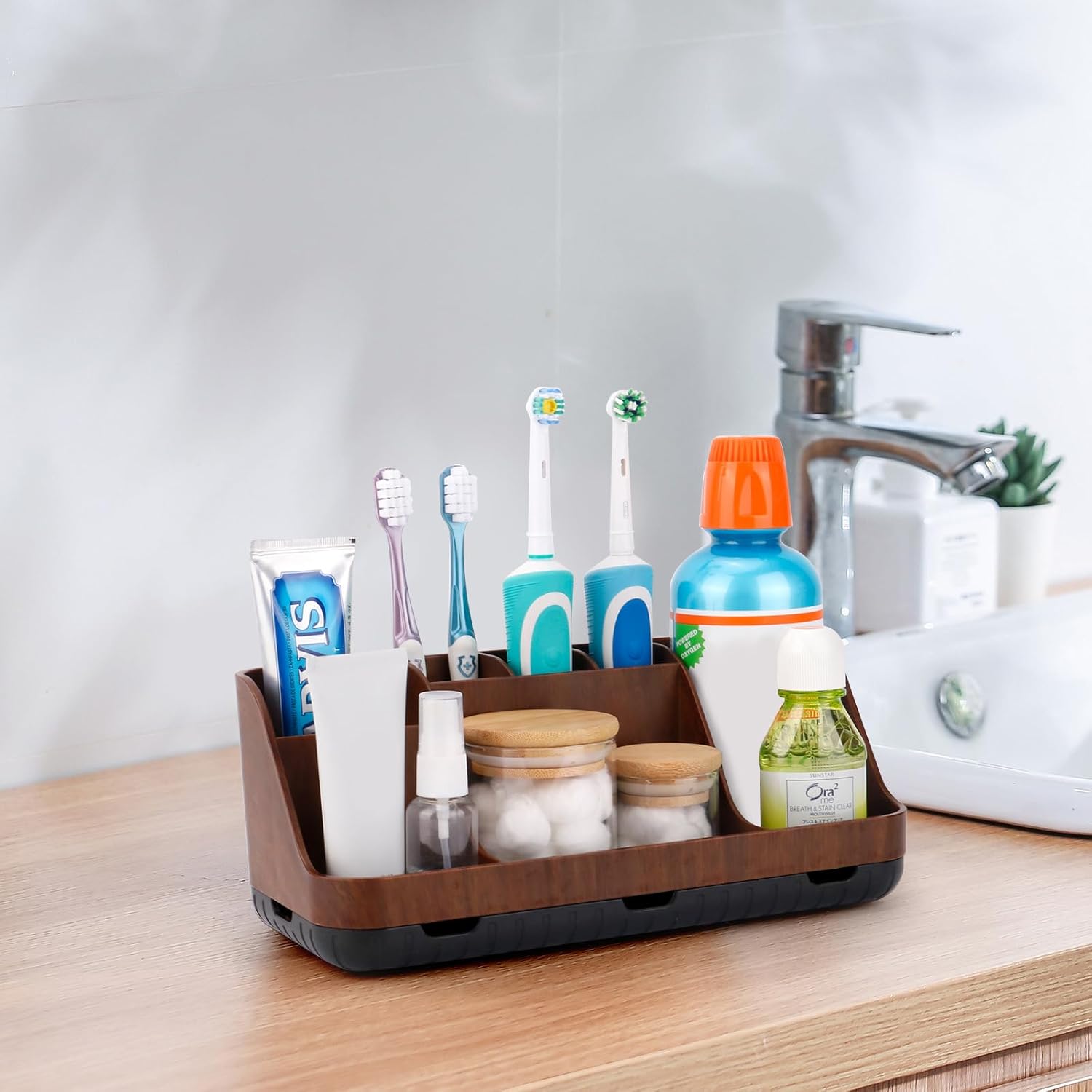 Wood Toothbrush Holders for Bathrooms Countertop Organizer - Detachable 7 Slots Kid Bathroom Decor and Accessories, Wooden Bathroom Sink Storage Organization, Caddy, Tray, Brown