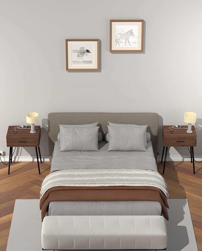 HAIOOU Set of 2 Mid Century Nightstand with Charging Station, End Table Moder...