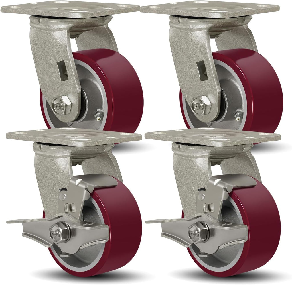 SY America 4" X 2" Casters Wheels,Heavy Duty Casters Set of 4，Polyurethane on Aluminum Wheels,2 Swivel 2 Swivel w/Top Lock Brake Casters,3200 LBS Load Capacity