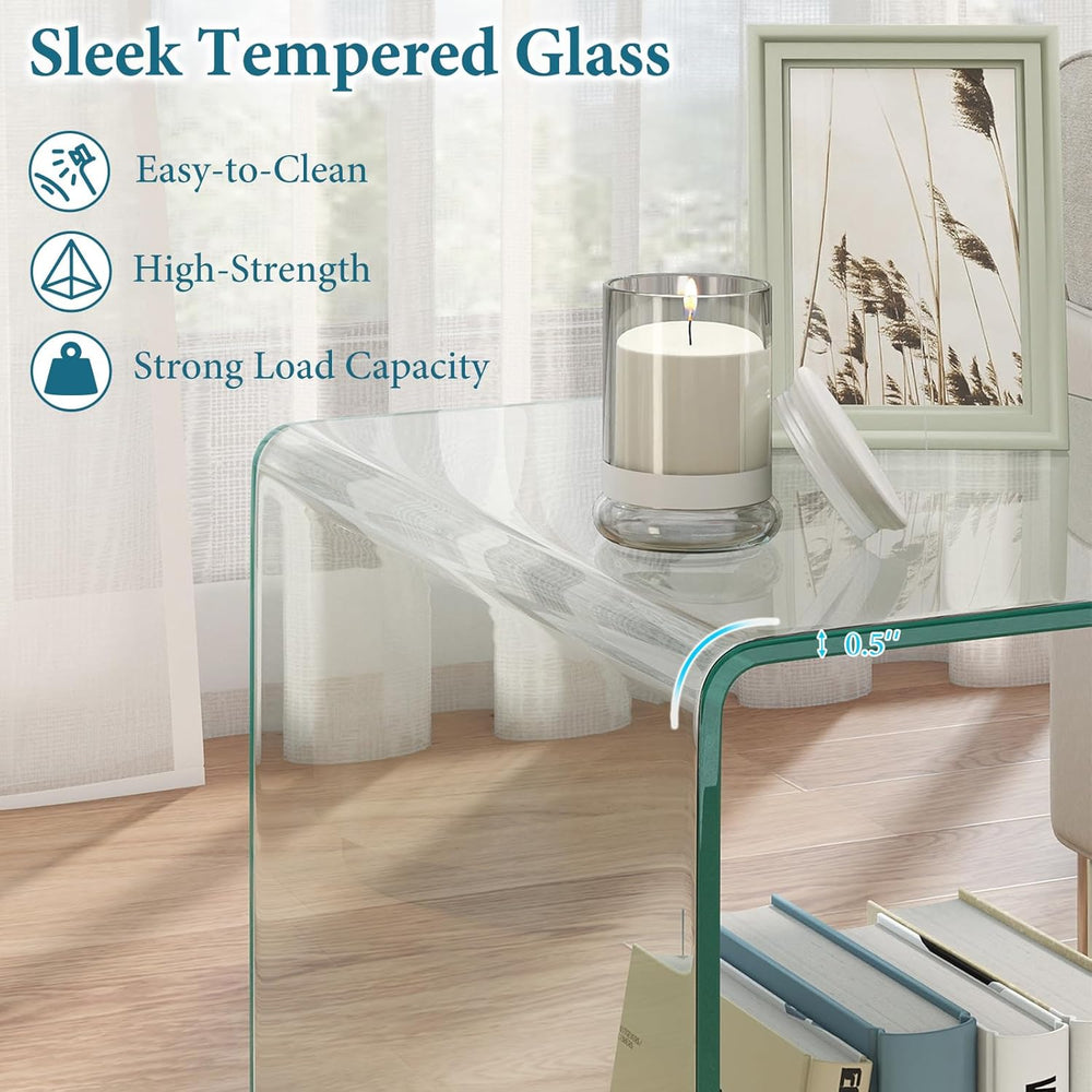 Tangkula Tempered Glass Side Table, Modern C-Shaped Bedside Table Nightstand ...