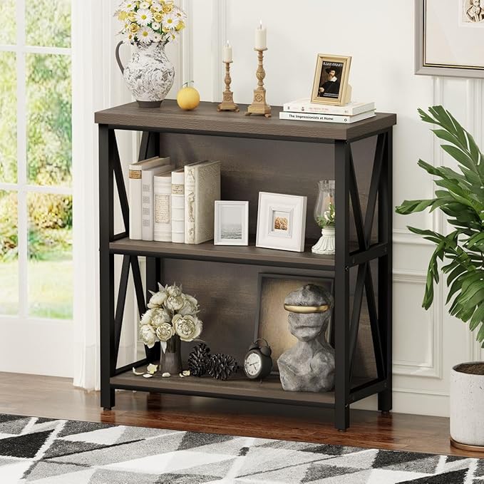 FATORRI Rustic Small 3 Shelf Bookshelf for Living Room, Industrial Low Wood B...
