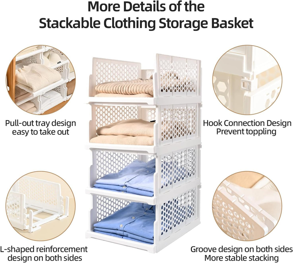 Pull-out Plastic Storage Basket,Stackable Closet Organizers Drawer Anti-Tipping, Reinforced Stable Shelf Container for Bathroom Laundry Room Storage, Space-Saving Clothes Storage (White, 4L)