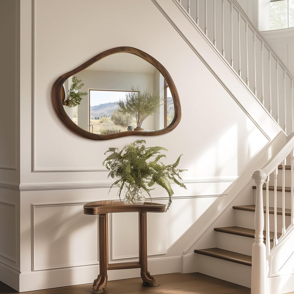 35"x24" Irregular Wall Mirror, Dark Walnut Wood Bathroom Mirror