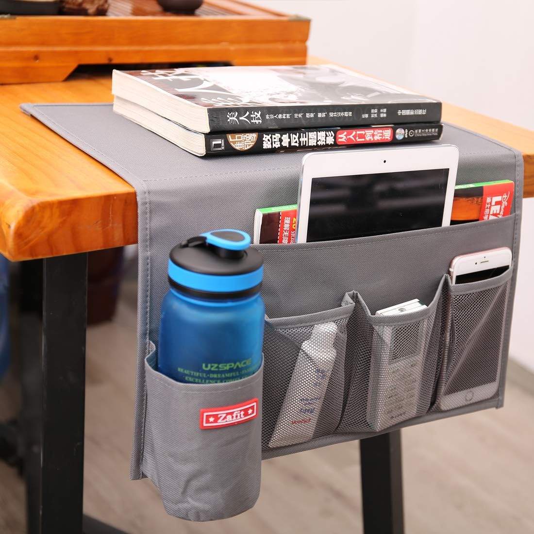 5 Pockets Bedside Caddy, Bedside Storage Organizer for Water Bottles, Magazines, Phone, Glasses (5 Pockets-Grey)