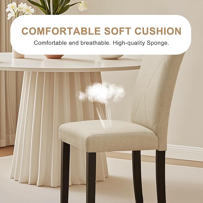 VECELO Upholstered Dining Chairs Set of 2, Modern Fabric and Solid Wood Legs & High Back for Kitchen/Living Room- Beige