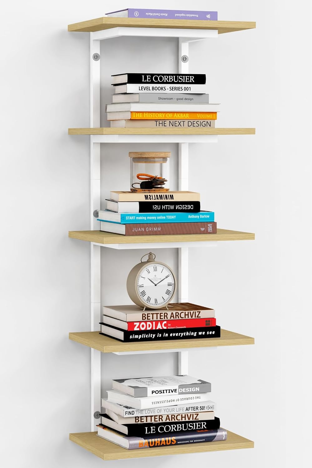 Harwaya White and Natural Tiered Wall Shelf Unit, 5 Tier Display Floating She...